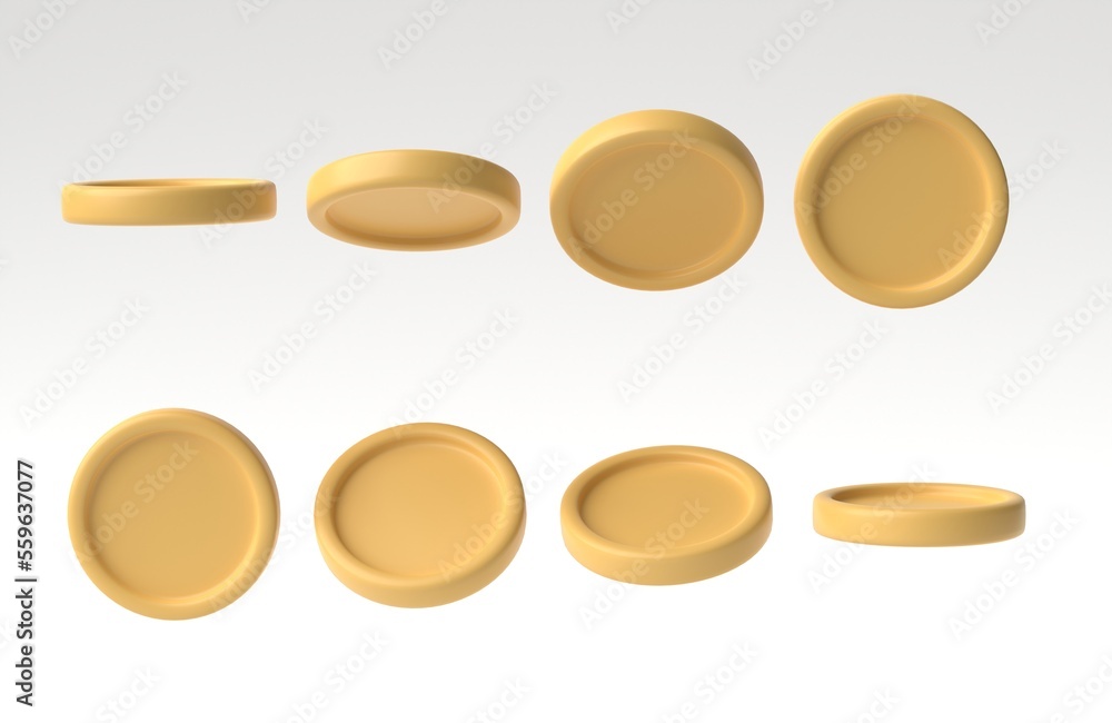Poster set of golden coin in different angles isolated on white background. 3d rendering, 3d illustration.