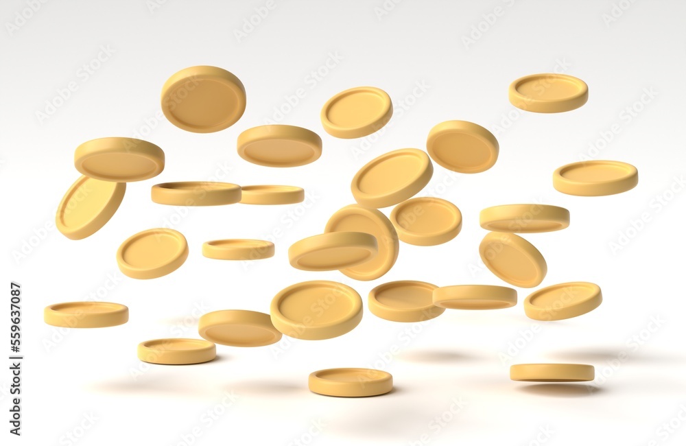 Poster set of golden coin in different angles isolated on white background. 3d rendering, 3d illustration.