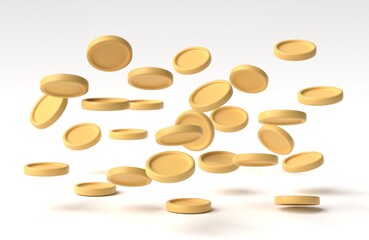 Set of golden coin in different angles isolated on white background. 3D rendering, 3D illustration.