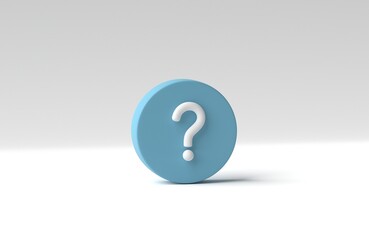 Blue button with question mark symbol on white background. 3D render, 3D illustration.