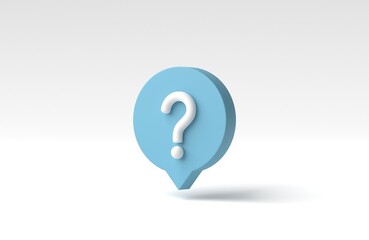 Social media blue notification with question mark icon on white background. FAQ symbol concept. 3D render, 3D illustration.