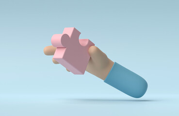 Hand holding jigsaw puzzle on blue background. 3D rendering, 3D illustration.