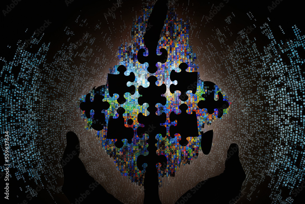 Poster silhouette of a hands holding a jigsaw puzzle piece with binary background. generative ai