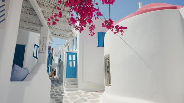 Whitewashed buildings with blue painted windows and doors, Chora, Mykonos, Greece