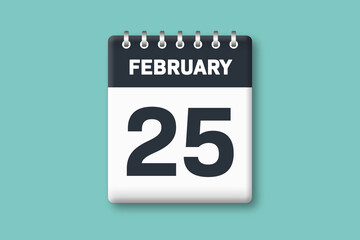February 25 - Calender Date  25th of February on Cyan / Bluegreen Background