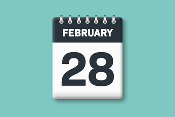 February 28 - Calender Date  28th of February on Cyan / Bluegreen Background