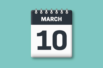 March 10 - Calender Date  10th of March on Cyan / Bluegreen Background