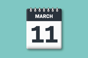 March 11 - Calender Date  11th of March on Cyan / Bluegreen Background