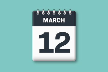 March 12 - Calender Date  12th of March on Cyan / Bluegreen Background