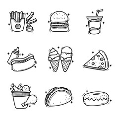 Set of fast food doodle illustrations with cute design isolated on white background. Fast food doodle icons