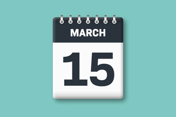 March 15 - Calender Date  15th of March on Cyan / Bluegreen Background