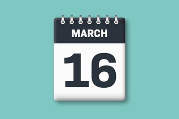 March 16 - Calender Date  16th of March on Cyan / Bluegreen Background
