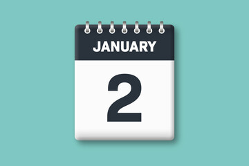 January 2 - Calender Date  2nd of January on Cyan / Bluegreen Background