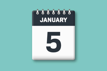 January 5 - Calender Date  5th of January on Cyan / Bluegreen Background