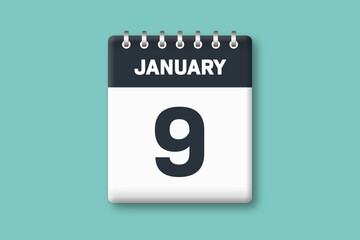 January 9 - Calender Date  9th of January on Cyan / Bluegreen Background