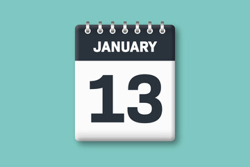 January 13 - Calender Date  13th of January on Cyan / Bluegreen Background