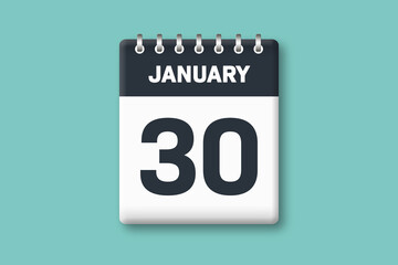 Fototapeta na wymiar January 30 - Calender Date 30th of January on Cyan / Bluegreen Background