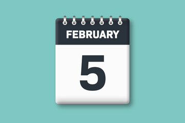 February 5 - Calender Date  5th of February on Cyan / Bluegreen Background