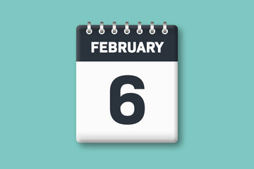 February 6 - Calender Date  6th of February on Cyan / Bluegreen Background