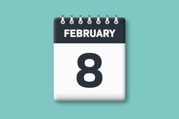February 8 - Calender Date  8th of February on Cyan / Bluegreen Background