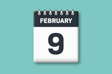 February 9 - Calender Date  9th of February on Cyan / Bluegreen Background