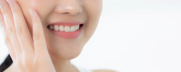Closeup beautiful teeth of young asian woman with whitening, tooth and smile with fresh, dental and whitening, health and wellness, dentist and hygiene, expression with happy, mouth and lips.