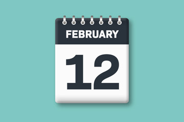 February 12 - Calender Date  12th of February on Cyan / Bluegreen Background