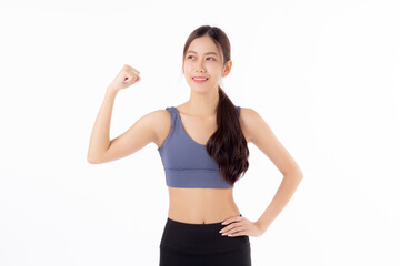 Fototapeta na wymiar Portrait of beautiful young asian woman in sportwear showing strong muscles isolated on white background, sport and exercise for health, training and strength, female slimming with confident.