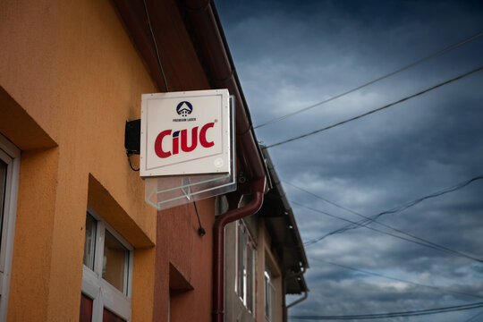 TIMISOARA, ROMANIA - SEPTEMBER 16, 2022:  Logo of Ciuc beer on their retailer bar in Timisoara. Ciuc is a romanian brand of lager beer produced in Ciuc. ...