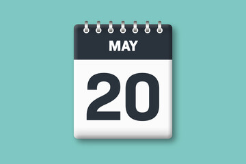 May 20 - Calender Date  20th of May on Cyan / Bluegreen Background