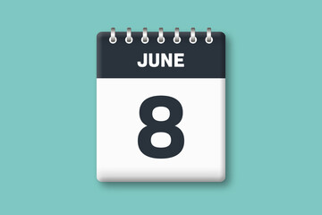 June 8 - Calender Date  8th of June on Cyan / Bluegreen Background