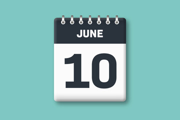 June 10 - Calender Date  10th of June on Cyan / Bluegreen Background