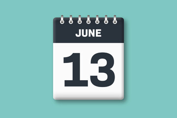 June 13 - Calender Date  13th of June on Cyan / Bluegreen Background