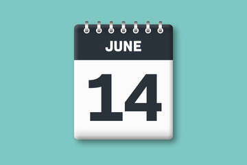 June 14 - Calender Date  14th of June on Cyan / Bluegreen Background