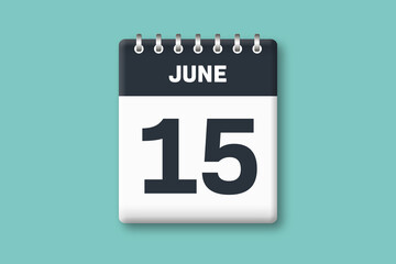 June 15 - Calender Date  15th of June on Cyan / Bluegreen Background