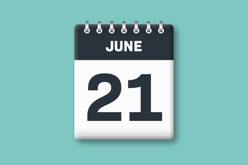 June 21 - Calender Date  21st of June on Cyan / Bluegreen Background