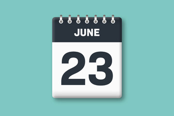 June 23 - Calender Date  23rd of June on Cyan / Bluegreen Background