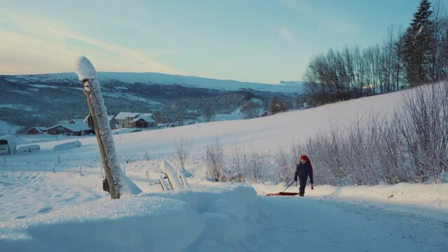 Shot of a little boy walking back along the snow covred slope enjoying sledding using red plastic shovel sled in Beitostolen, village in Innlandet county,Valdres, Beito, Norway at daytime.