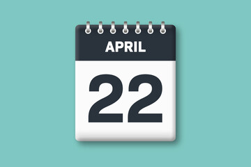 April 22 - Calender Date  22nd of April on Cyan / Bluegreen Background