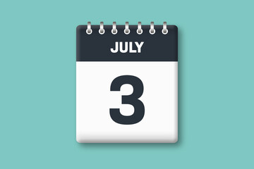 July 3 - Calender Date  3rd of July on Cyan / Bluegreen Background