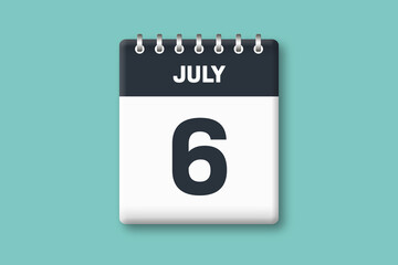 July 6 - Calender Date  6th of July on Cyan / Bluegreen Background