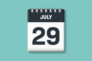 July 29 - Calender Date  29th of July on Cyan / Bluegreen Background