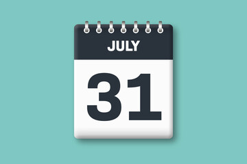 July 31 - Calender Date  31st of July on Cyan / Bluegreen Background