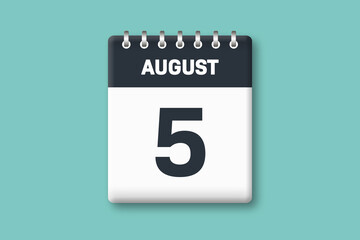 August 5 - Calender Date  5th of August on Cyan / Bluegreen Background
