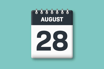 August 28 - Calender Date  28th of August on Cyan / Bluegreen Background