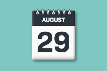 August 29 - Calender Date  29th of August on Cyan / Bluegreen Background