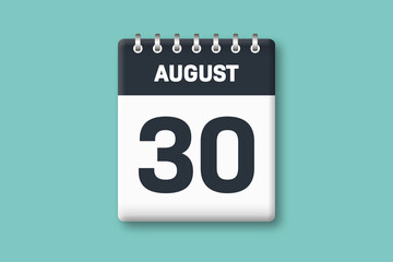 August 30 - Calender Date  30th of August on Cyan / Bluegreen Background