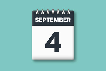 September 4 - Calender Date  4th of September on Cyan / Bluegreen Background