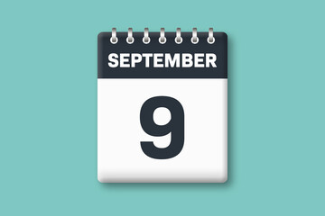 September 9 - Calender Date  9th of September on Cyan / Bluegreen Background