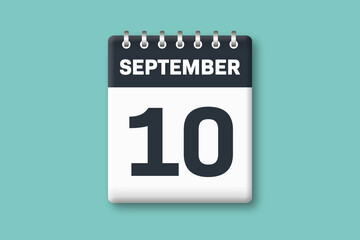 September 10 - Calender Date  10th of September on Cyan / Bluegreen Background